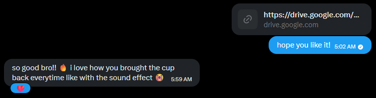 Client feedback praising the sound effect and cup transition